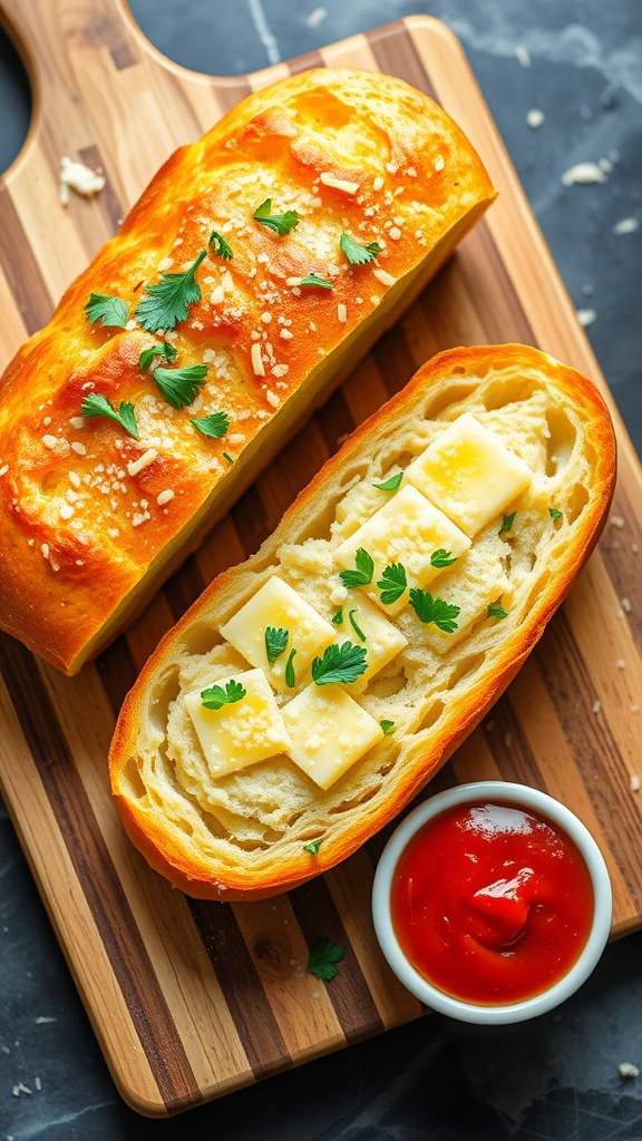 Crispy garlic bread loaf on a wooden board, sliced and garnished with parsley and cheese, with a bowl of marinara sauce.
